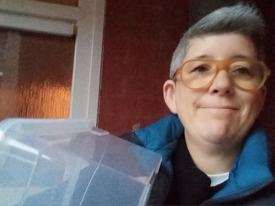 Me taking my new plastic box for a walk 