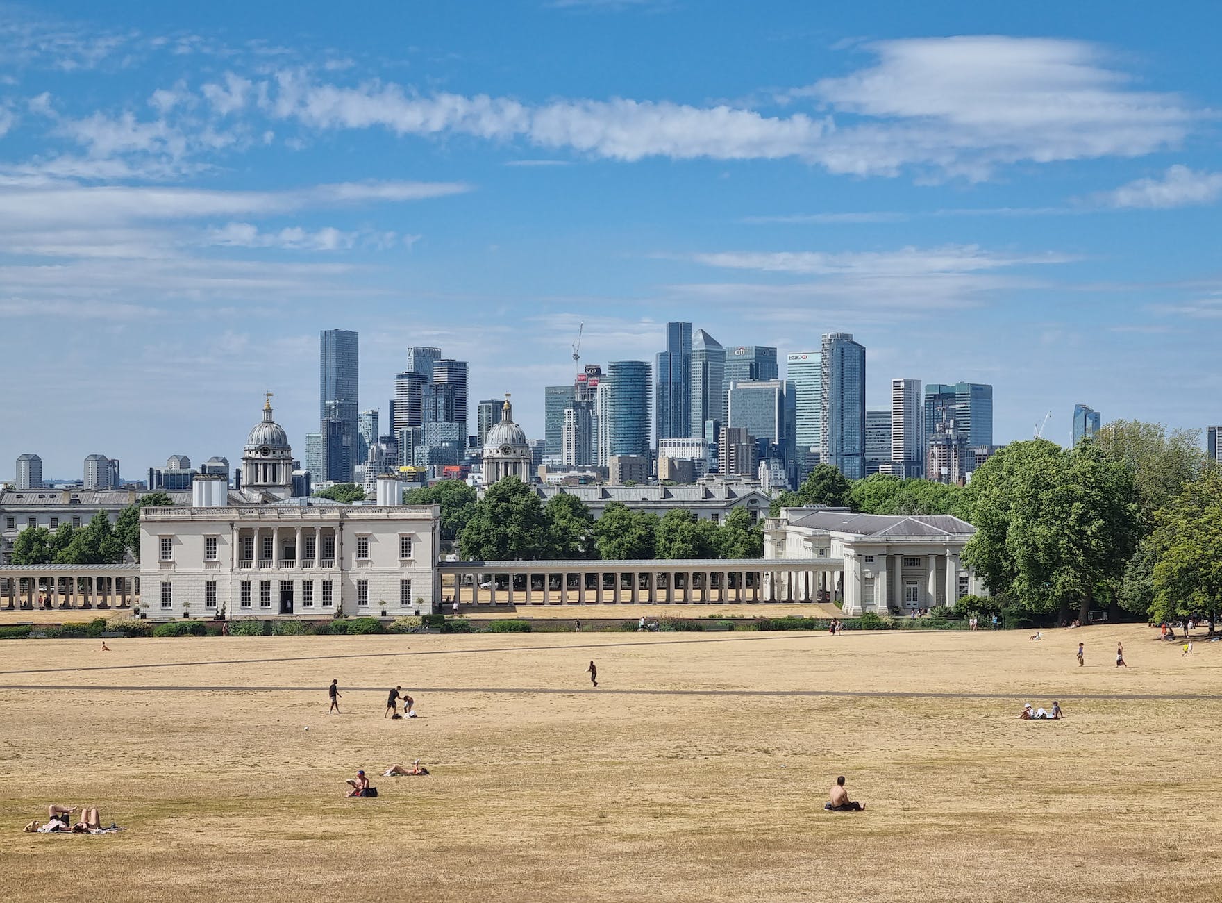 city skyline in London England, Greenwich Park and National Maritime Museum