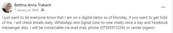 Screenshot from Facebook announcing my digital detox