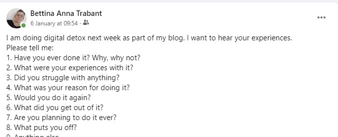Screenshot from Facebook where I announce my digital detox intention
