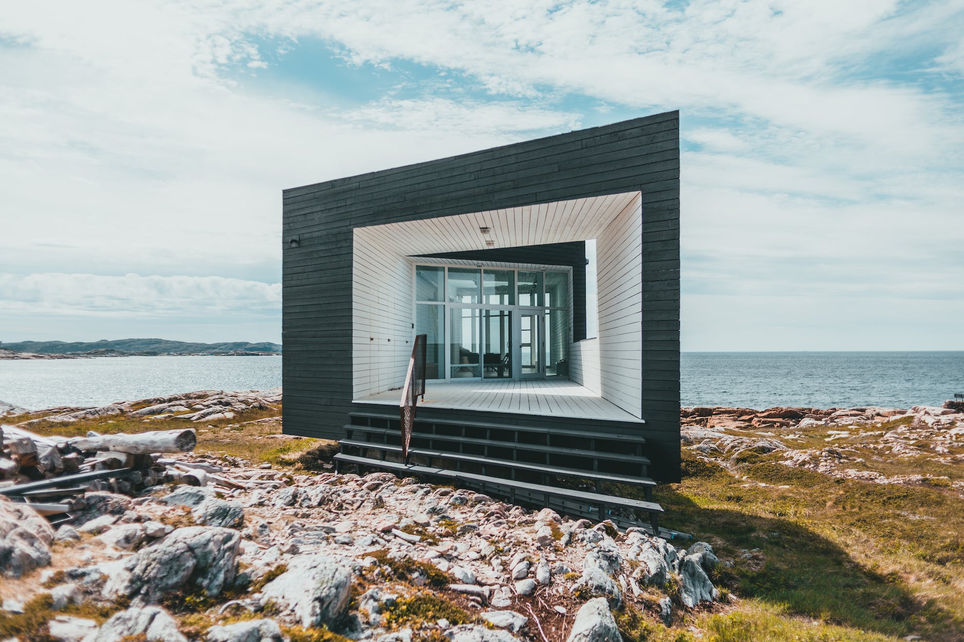 long studio on a rocky shore