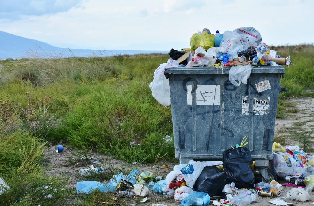 Overflowing bin on a meadow