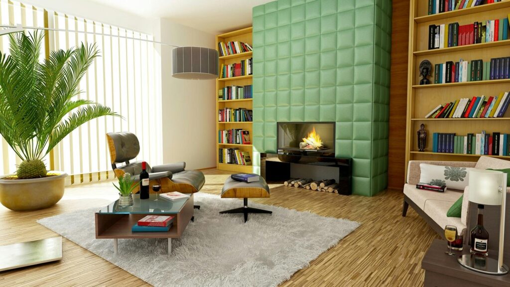 Tidy living room with bookshelves, green wall and fluffy carpet