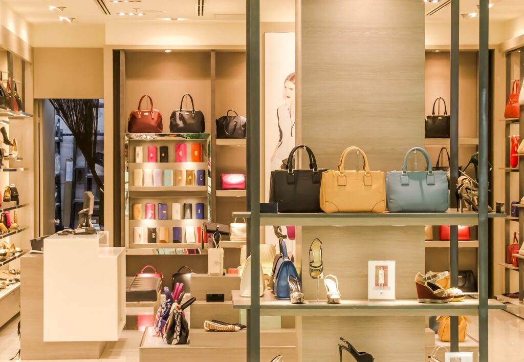 Window display of a shop that sells handbags