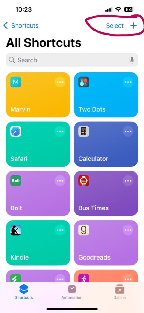 All Shortcuts screen