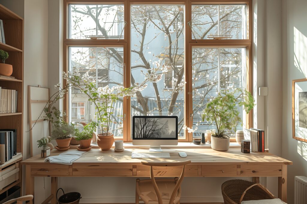 A wooden desk with a computer monitor sits in front of a large window overlooking a city view with trees. Plants in terracotta pots line the windowsill, and sunlight illuminates the room. The desk is cluttered with books, papers, and other office supplies.