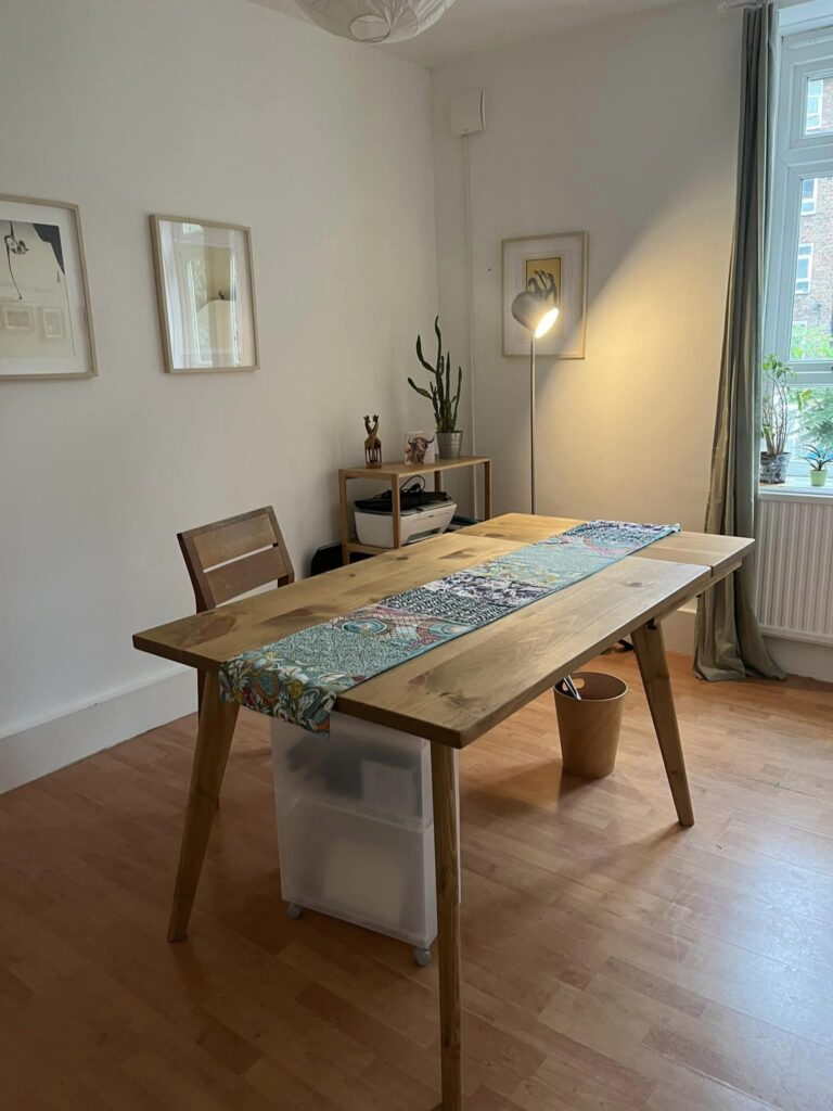 Minimalist room with table and shelf