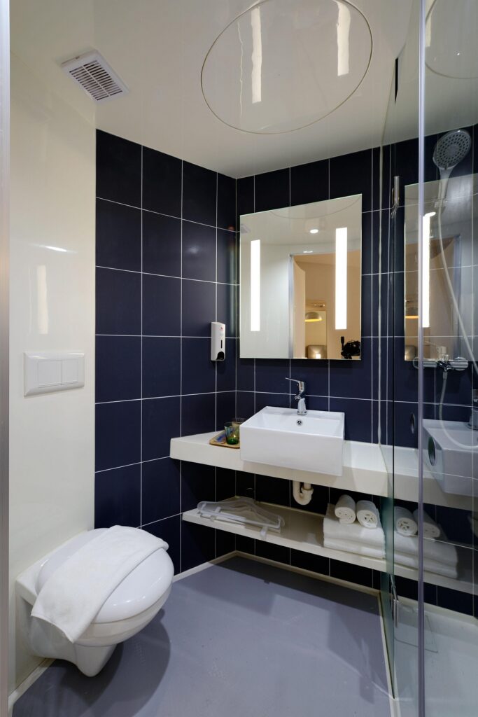 Tidy bathroom with blue tiles
